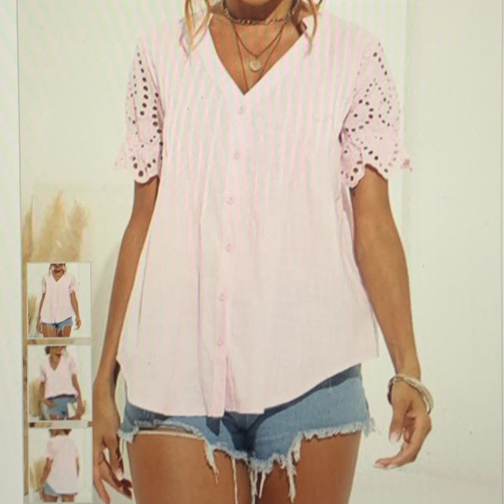 NWT Pink Pin Tuck Lace-Sleeve V-neck Top Women - Picture 1 of 5